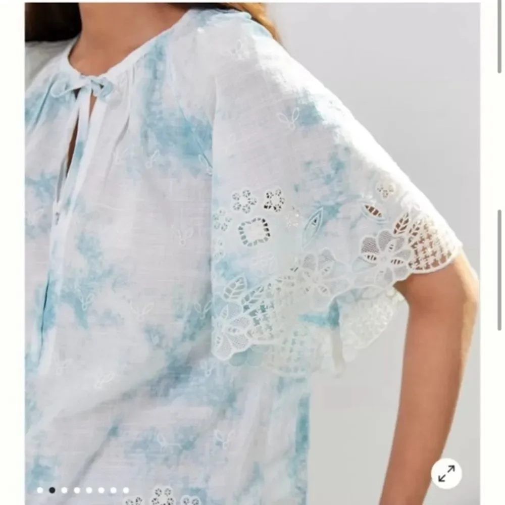 NWT Anthropologie Embroidered Tie Dye Eyelet Boho Puff Sleeve Blouse Top